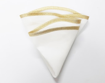 Round white natural silk & cotton men's pocket square with gold border