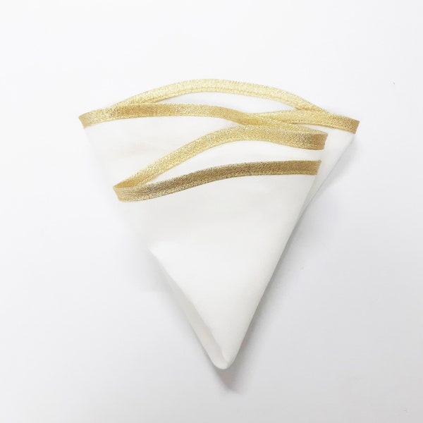 Round white natural silk & cotton men's pocket square with gold border