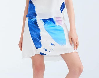 Arty colorful pattern silk knee skirt, flared girl's skirt, unique designed skirt