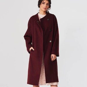 Loose long bordo wool women&#39;s coat, Plus sized elegant coat