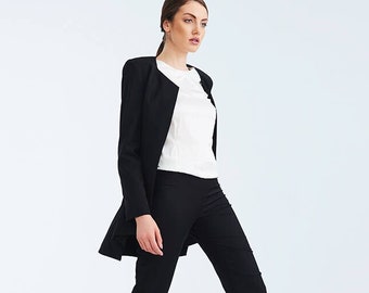 Black fine wool spring women's suit, Long blazer and pants suit