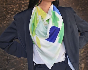 Art printed green blue colorful bandana women's silk scarf