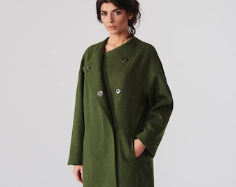 Abrigo de lana verde militar para mujer, ropa de abrigo de invierno