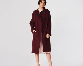 Loose long burgundy  wool women's coat, Plus sized coat
