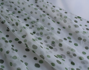 White Silk Chiffon Fabric: Green Polka Dot Print, By The Yard