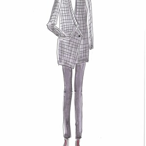 May include: A grey plaid blazer with a long, asymmetrical hemline. The blazer has a single button fastening and a pocket on the left side. The model is wearing black trousers and red shoes.