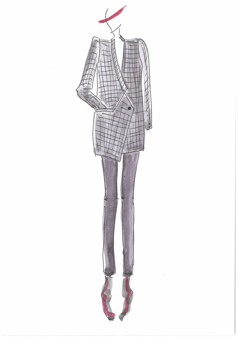 May include: A grey plaid blazer with a long, asymmetrical hemline. The blazer has a single button fastening and a pocket on the left side. The model is wearing black trousers and red shoes.