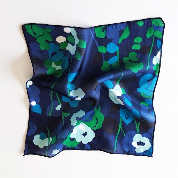 Blue green flowers pattern pure silk men's handkerchief, Wedding accessory fine chiffon pocket square