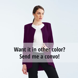 May include: A woman wearing a purple blazer, a white shirt, and black pants. The text "Want it in other color? Send me a convo!" is displayed on a white background.