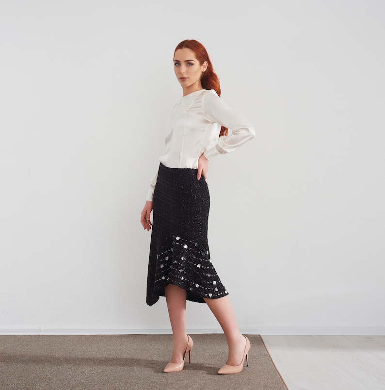 Black boucle sparkly midi asymmetric high low women's skirt image 2
