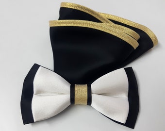 Set of black white and gold bow tie with pocket square, pure silk groom's attire accessory