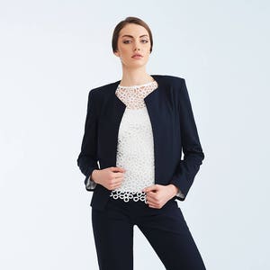 Short navy blue cold wool elegant women&#39;s blazer, Formal suit jacket