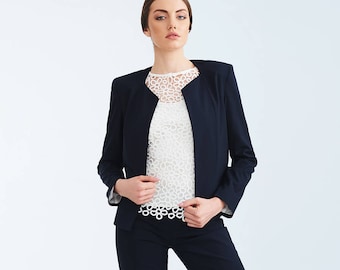 Short navy blue cold wool elegant women's blazer, Formal suit jacket