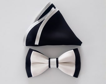 Black and white satin silk bow tie with silver details and pocket square, groom's attire accessory