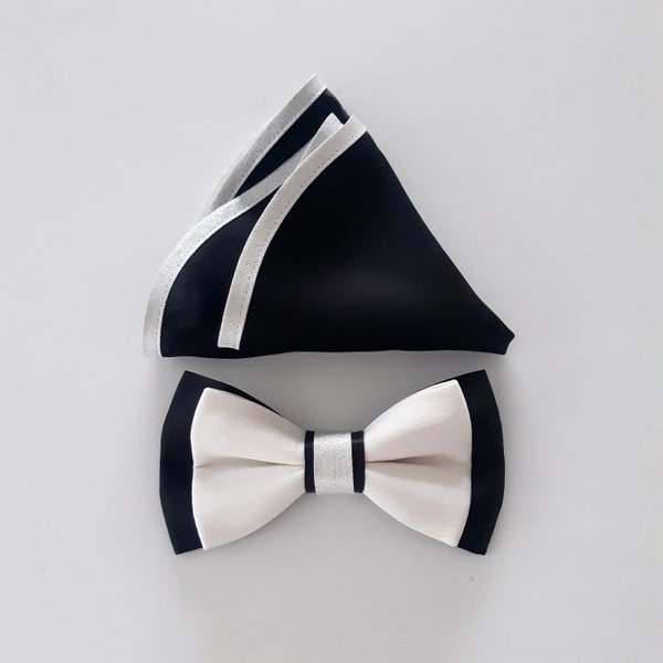 Black and white satin silk bow tie with silver details and pocket square, groom's attire accessory