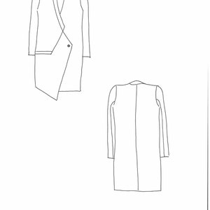 May include: A line drawing of a long coat with a wrap-style front and a single button closure. The coat is shown from the front and back.