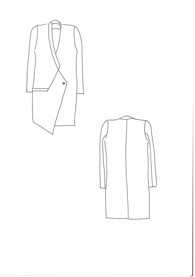 May include: A line drawing of a long coat with a wrap-style front and a single button closure. The coat is shown from the front and back.