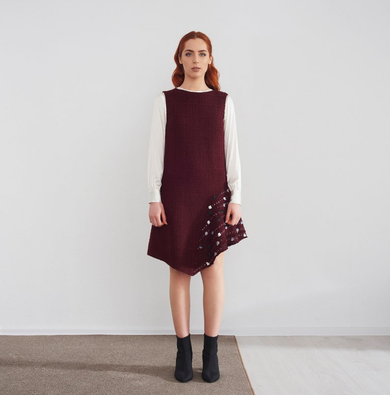 Wool bordo boucle asymmetric dress with hand embroidery Bordo