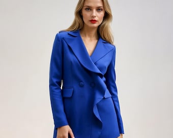Royal blue cool wool women's blazer, ruffle long jacket, custom made suit jacket