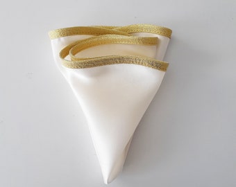 Round white satin natural silk men's pocket square with gold border