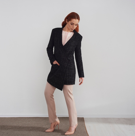 Black boucle longline sparkly asymmetric chic women's blazer