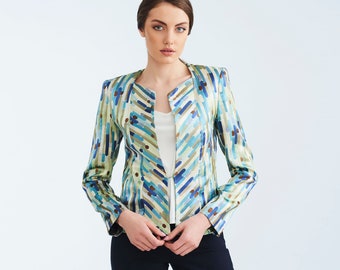 Sparkly jacquard women's jacket, Spring marine colors short blazer
