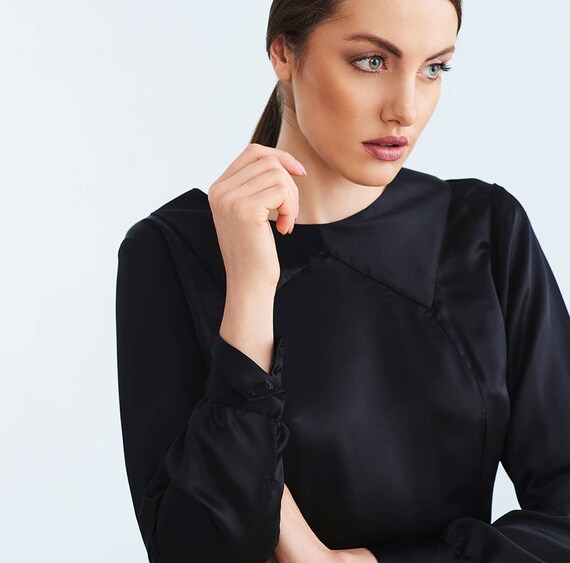 Black Elegant Pure Silk Long Sleeves Shirt Collar Shirt for | Etsy