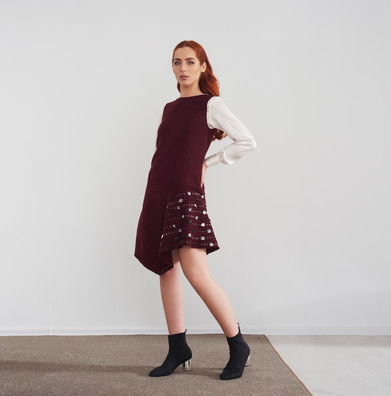 Wool bordo boucle asymmetric dress with hand embroidery image 1