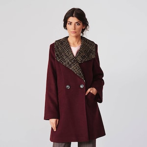 Winter burgundy wool women's coat, double breasted classy coat
