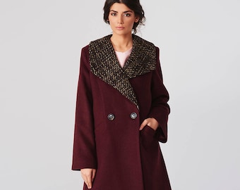 Winter burgundy wool women's coat, double breasted classy coat