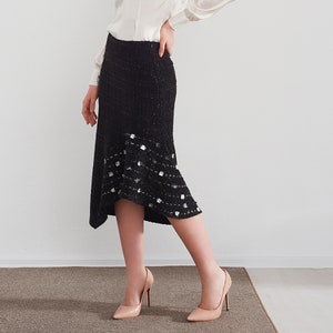 Black boucle sparkly midi asymmetric high low women's skirt image 5