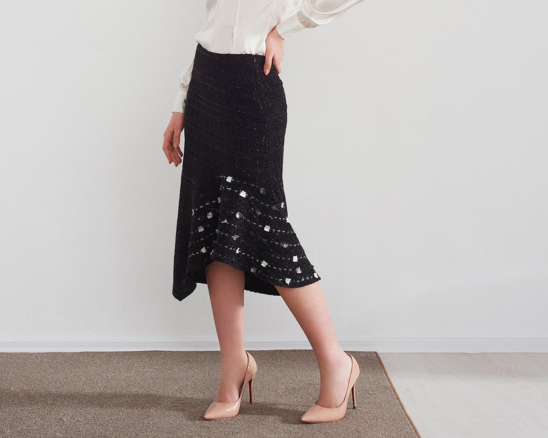 Black boucle sparkly midi asymmetric high low women's skirt image 5