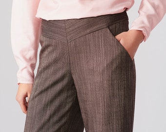 Flared brown wool women's pants, designer's suit trousers