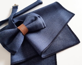 Set of blue wool pocket square and bow tie with leather detail, Groom's accessory