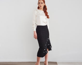 Black boucle sparkly midi asymmetric high low women's skirt