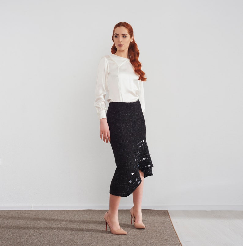 Black boucle sparkly midi asymmetric high low women's skirt image 1