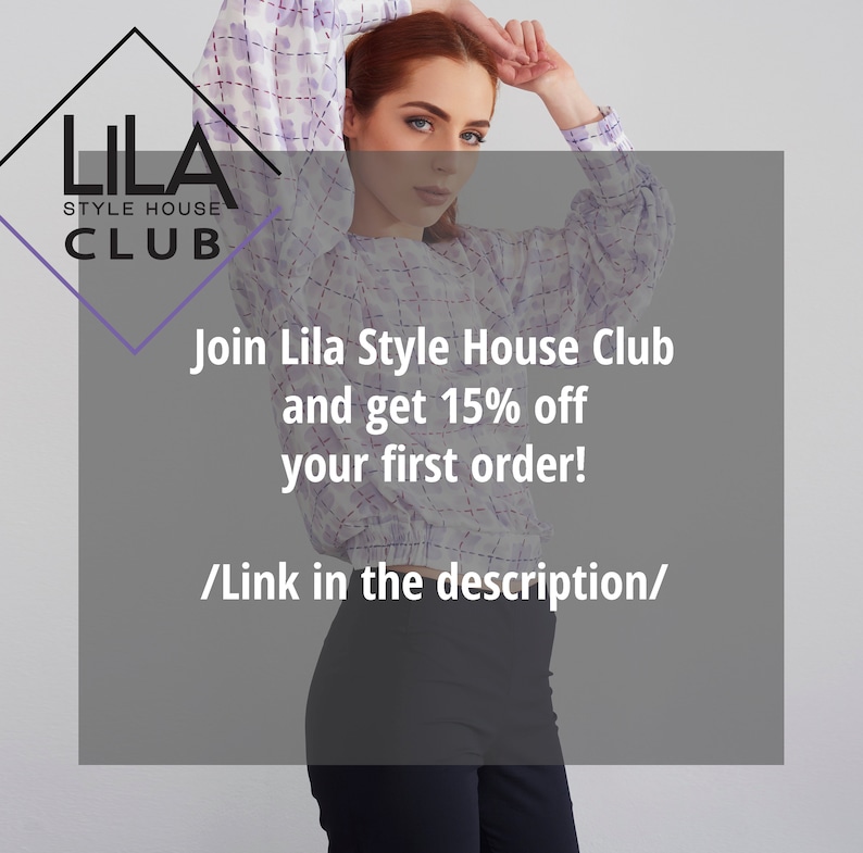 May include: A woman wearing a light purple and white patterned blouse with a black skirt. The text "LILA STYLE HOUSE CLUB" is in a purple box in the top left corner of the image. The text "Join Lila Style House Club and get 15% off your first order! /Link in the description/" is in a white box in the center of the image.