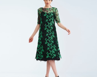 Spring green lace midi women's dress with pure silk lining, Mother's dress for wedding