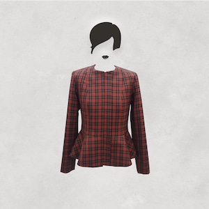 Red/dark blue plaid peplum women's blazer, spring zipper jacket