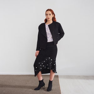 Black boucle sparkly midi asymmetric high low women's skirt image 3