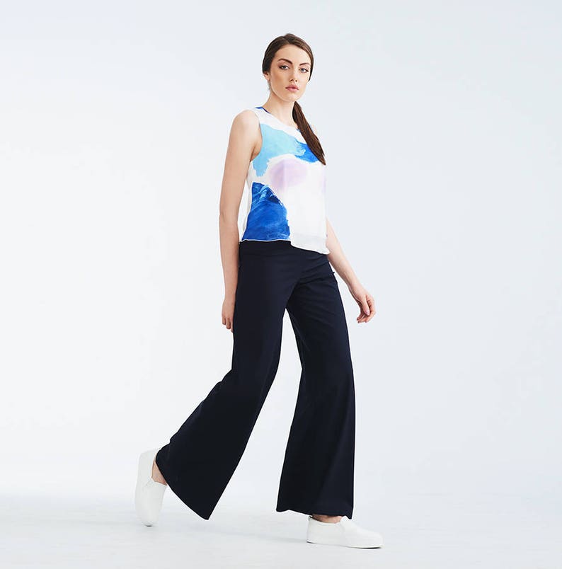 Navy blue cold wool long flared women's trousers image 2