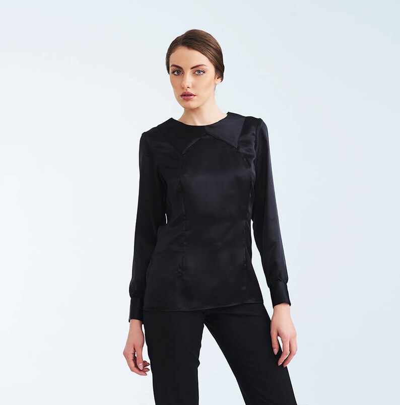 Black Elegant Pure Silk Long Sleeves Shirt Collar Shirt for Etsy