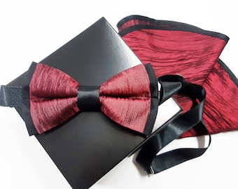 Set of bordo bow tie and round pocket square, elegant men's accessory