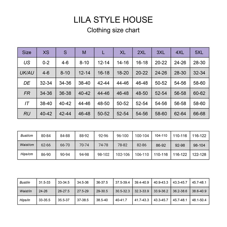 May include: Lila Style House clothing size chart with measurements in inches and centimeters for sizes XS through 5XL. The chart includes bust, waist, and hip measurements.
