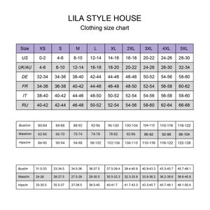 May include: Lila Style House clothing size chart with measurements in inches and centimetres for sizes XS through 5XL. The chart includes bust, waist, and hip measurements.