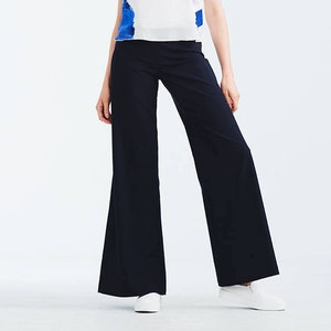 Navy blue cold wool long flared women's trousers image 1