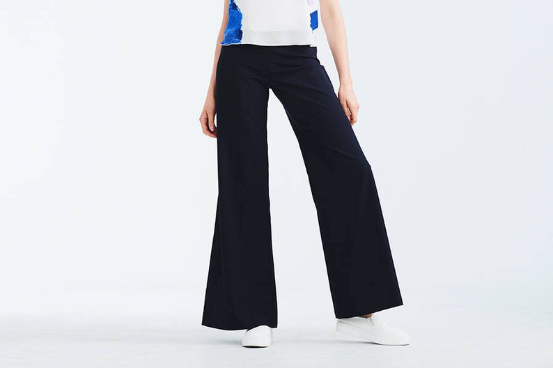 Navy blue cold wool long flared women's trousers image 1