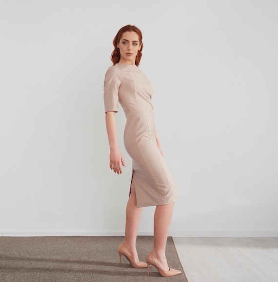 knee length dresses for ladies Nude Sleeveless Cut Out Slit Midi Dress – Hot Miami Styles