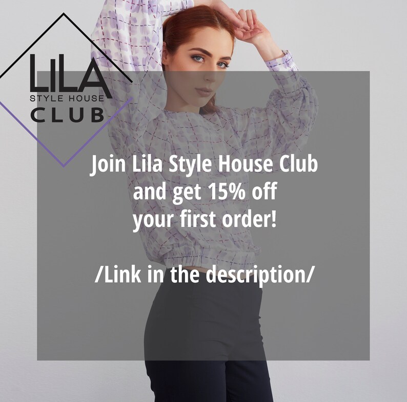 May include: A woman wearing a light purple and white patterned blouse with a black skirt. The text "LILA STYLE HOUSE CLUB" is in a purple box in the top left corner of the image. The text "Join Lila Style House Club and get 15% off your first order! /Link in the description/" is in a white box in the centre of the image.