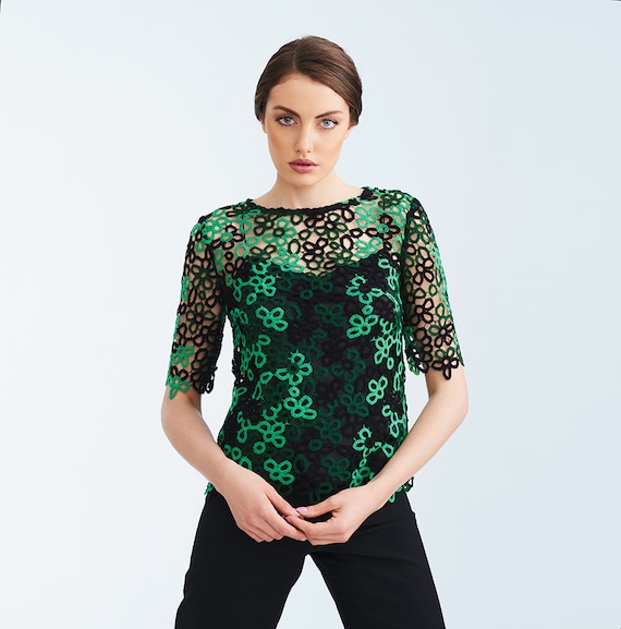 Spring Summer Green Lace Sleeves Top With Natural Silk Lining Crop Top -   Canada